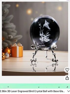 3D Laser Engraved Bird Crystal Ball on Decorative Silver Stand - Clear